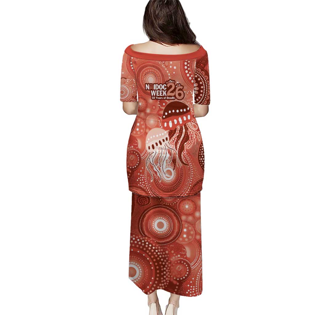 NAIDOC Deadly 50 Years Family Matching Puletasi and Hawaiian Shirt Jellyfish Aboriginal Culture Inspired Red