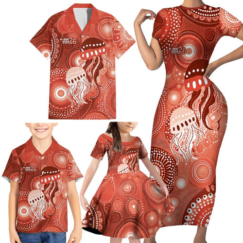 NAIDOC Deadly 50 Years Family Matching Short Sleeve Bodycon Dress and Hawaiian Shirt Jellyfish Aboriginal Culture Inspired Red