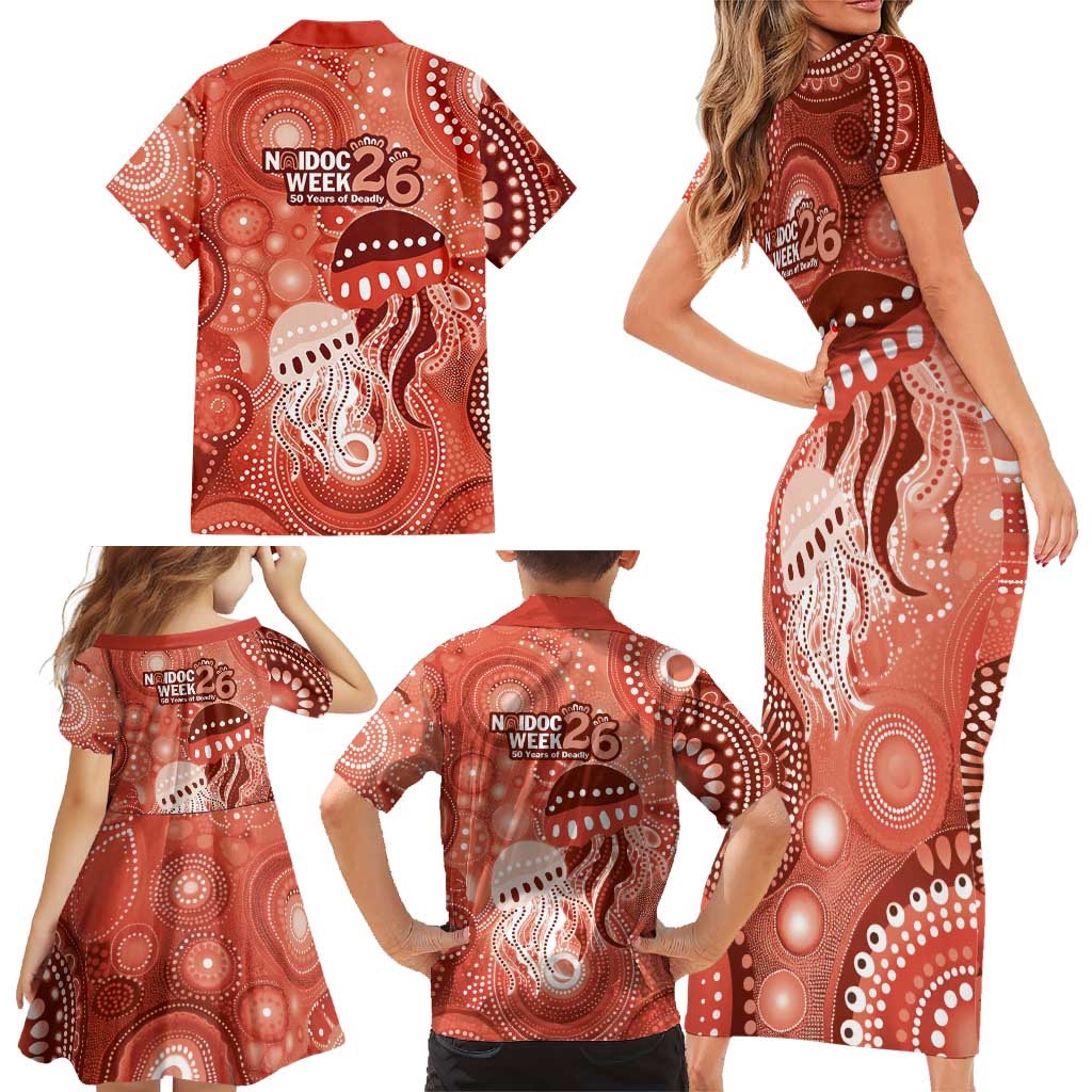 NAIDOC Deadly 50 Years Family Matching Short Sleeve Bodycon Dress and Hawaiian Shirt Jellyfish Aboriginal Culture Inspired Red