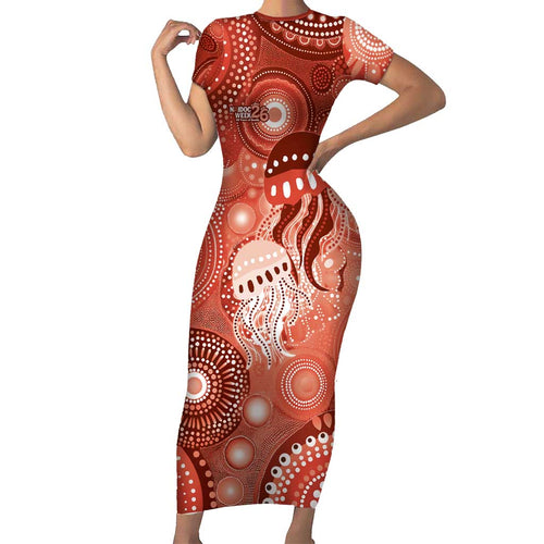 NAIDOC Deadly 50 Years Family Matching Short Sleeve Bodycon Dress and Hawaiian Shirt Jellyfish Aboriginal Culture Inspired Red