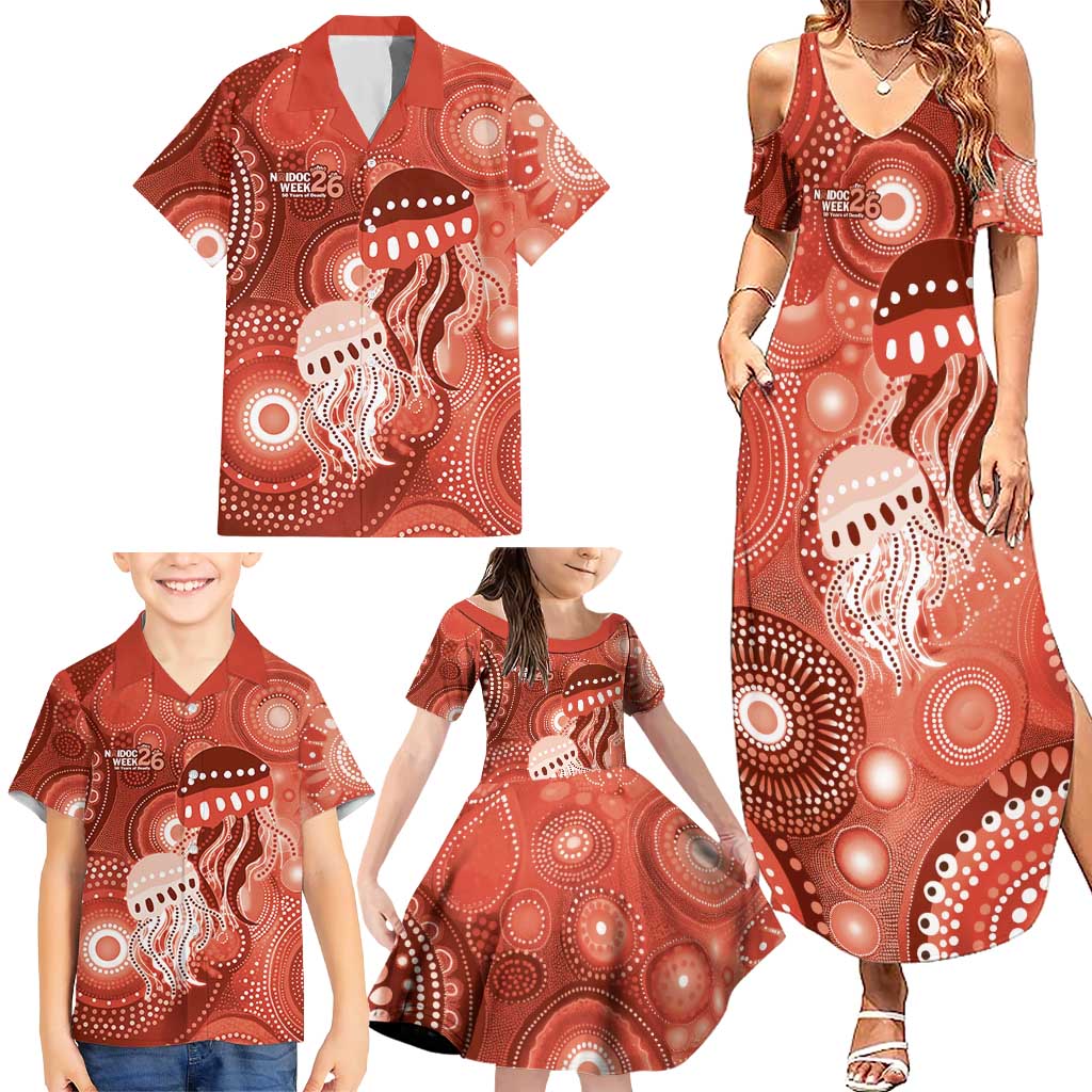 NAIDOC Deadly 50 Years Family Matching Summer Maxi Dress and Hawaiian Shirt Jellyfish Aboriginal Culture Inspired Red