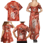 NAIDOC Deadly 50 Years Family Matching Summer Maxi Dress and Hawaiian Shirt Jellyfish Aboriginal Culture Inspired Red