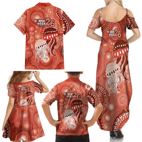NAIDOC Deadly 50 Years Family Matching Summer Maxi Dress and Hawaiian Shirt Jellyfish Aboriginal Culture Inspired Red
