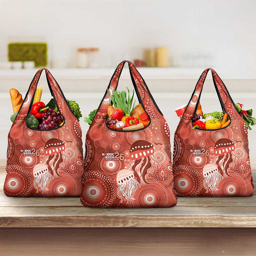 NAIDOC Deadly 50 Years Grocery Bag Jellyfish Aboriginal Culture Inspired Red