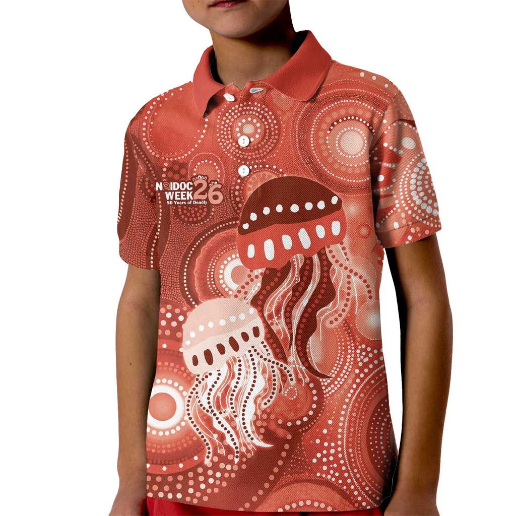 NAIDOC Deadly 50 Years Kid Polo Shirt Jellyfish Aboriginal Culture Inspired Red