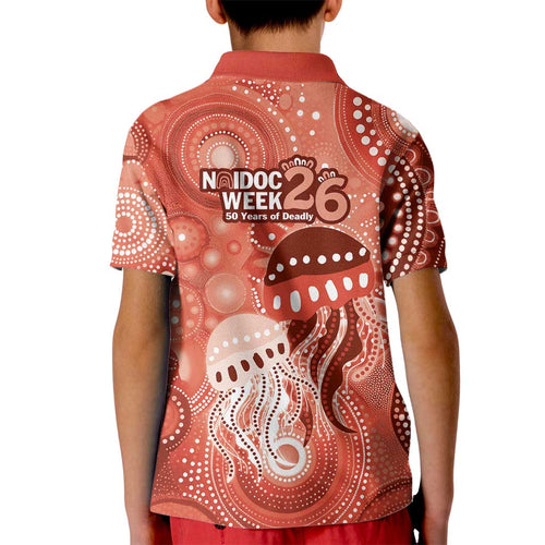 NAIDOC Deadly 50 Years Kid Polo Shirt Jellyfish Aboriginal Culture Inspired Red