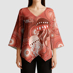 NAIDOC Deadly 50 Years Kimono Sleeve Blouse Jellyfish Aboriginal Culture Inspired Red