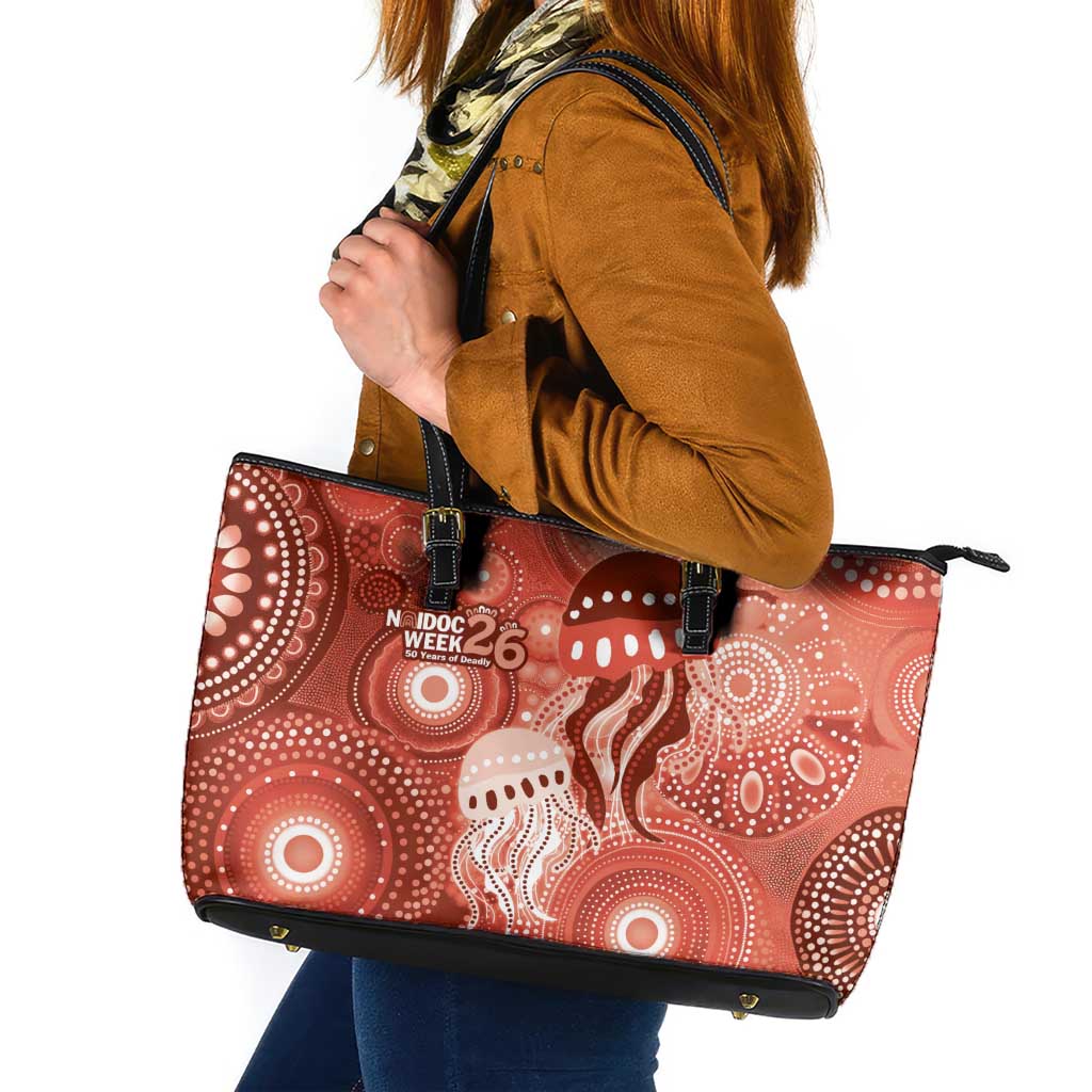 NAIDOC Deadly 50 Years Leather Tote Bag Jellyfish Aboriginal Culture Inspired Red