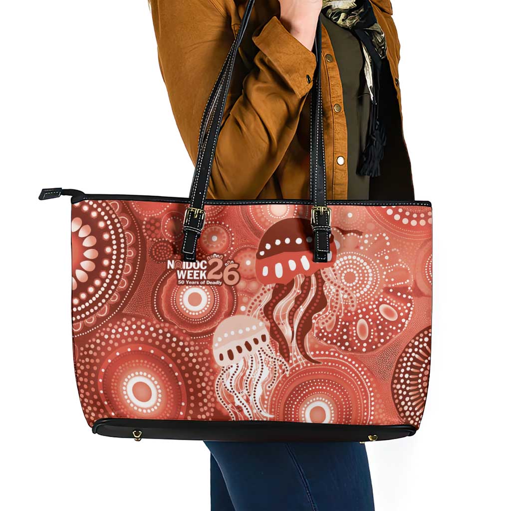 NAIDOC Deadly 50 Years Leather Tote Bag Jellyfish Aboriginal Culture Inspired Red