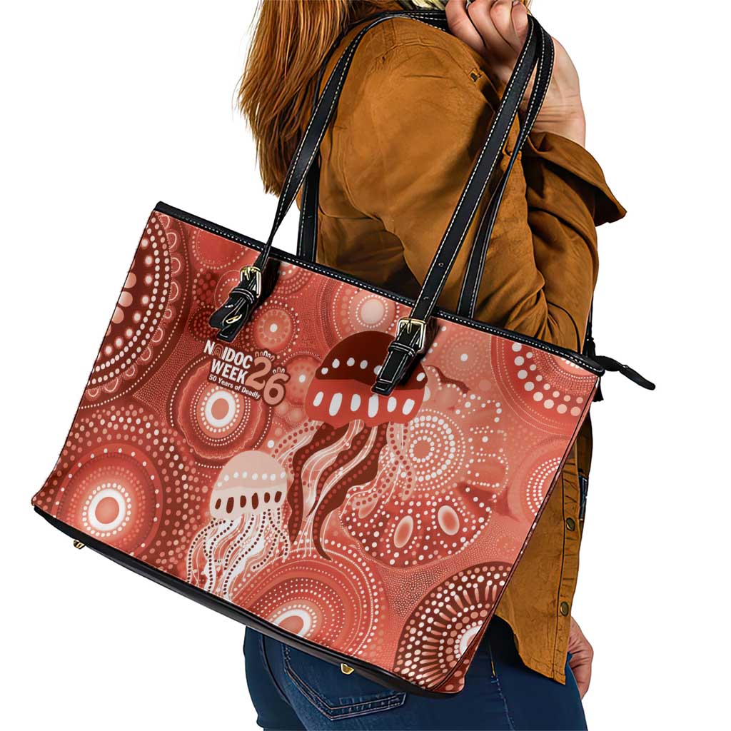 NAIDOC Deadly 50 Years Leather Tote Bag Jellyfish Aboriginal Culture Inspired Red
