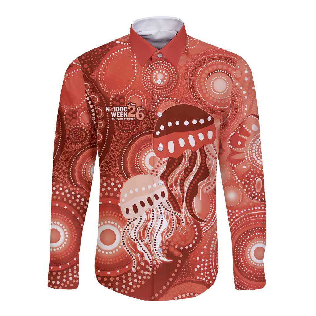 NAIDOC Deadly 50 Years Long Sleeve Button Shirt Jellyfish Aboriginal Culture Inspired Red