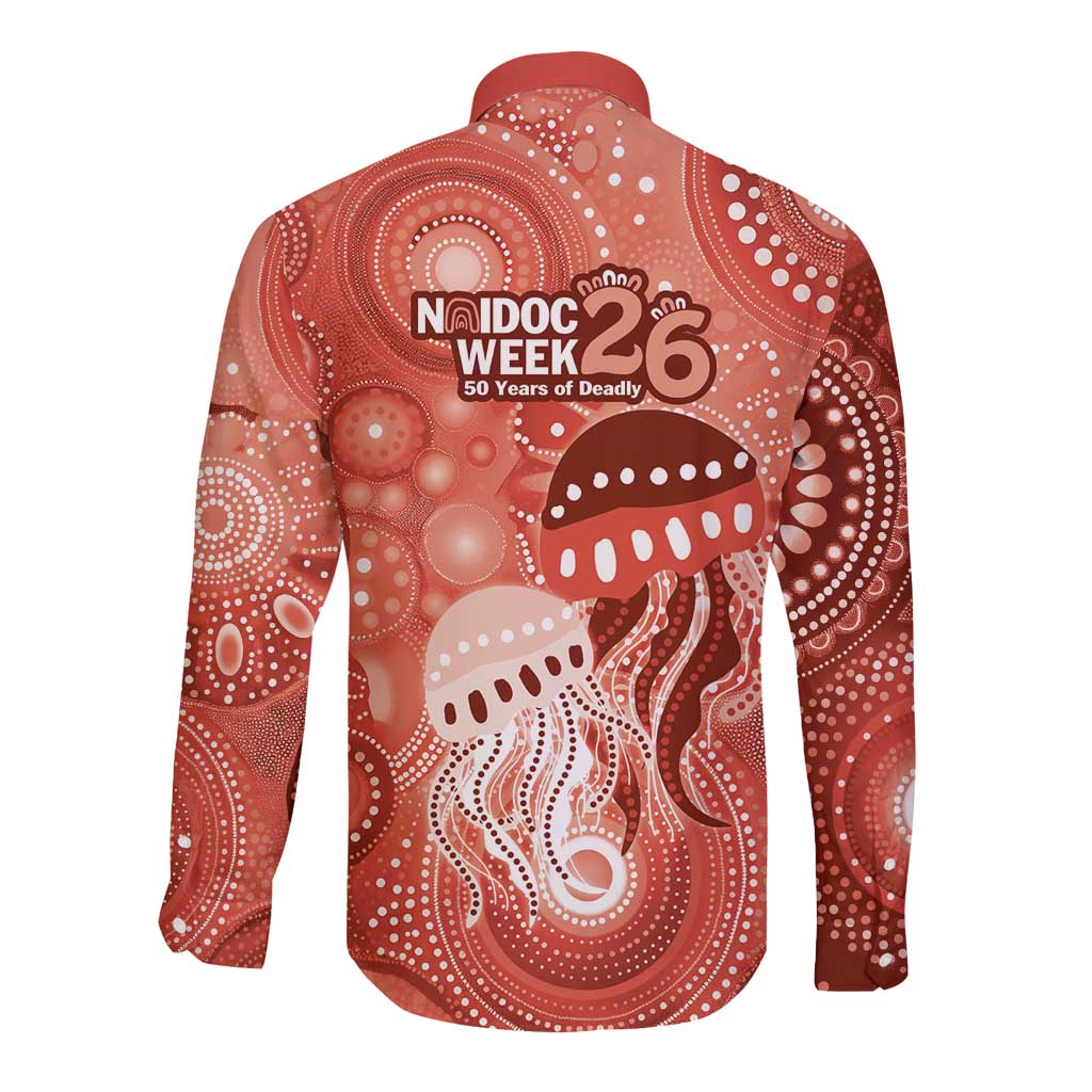 NAIDOC Deadly 50 Years Long Sleeve Button Shirt Jellyfish Aboriginal Culture Inspired Red