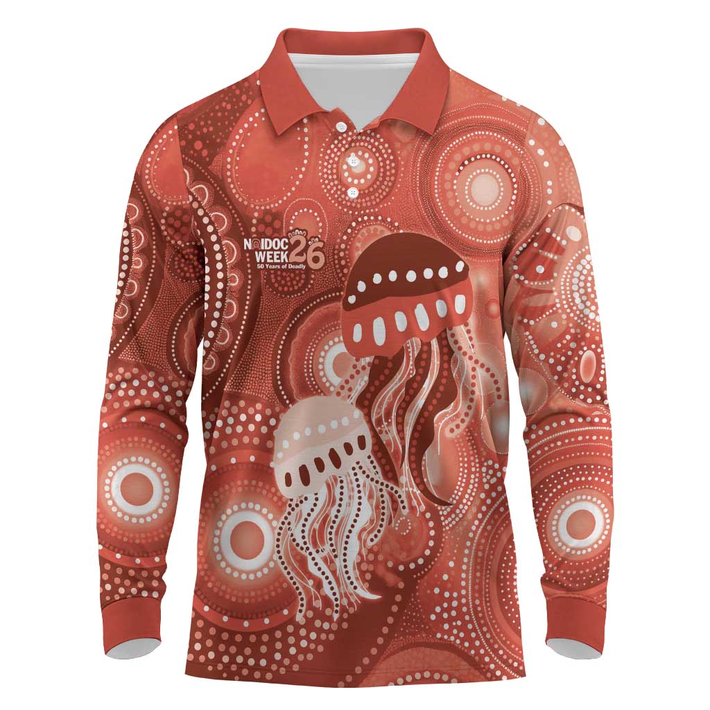 NAIDOC Deadly 50 Years Long Sleeve Polo Shirt Jellyfish Aboriginal Culture Inspired Red