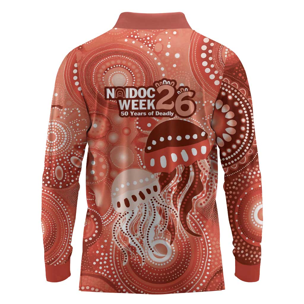 NAIDOC Deadly 50 Years Long Sleeve Polo Shirt Jellyfish Aboriginal Culture Inspired Red