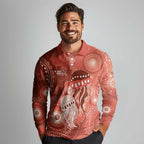 NAIDOC Deadly 50 Years Long Sleeve Polo Shirt Jellyfish Aboriginal Culture Inspired Red