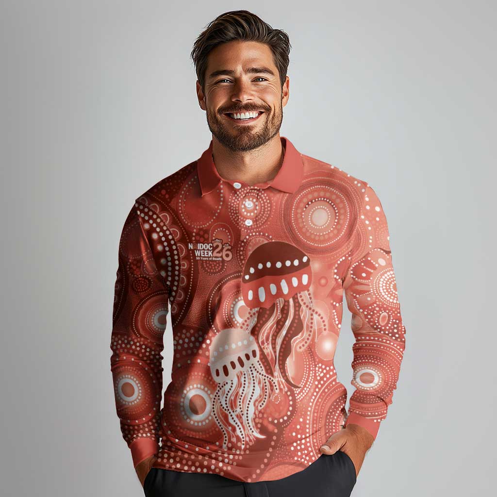 NAIDOC Deadly 50 Years Long Sleeve Polo Shirt Jellyfish Aboriginal Culture Inspired Red