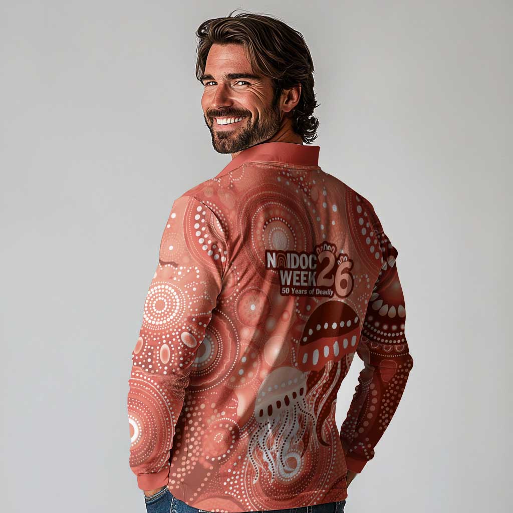 NAIDOC Deadly 50 Years Long Sleeve Polo Shirt Jellyfish Aboriginal Culture Inspired Red