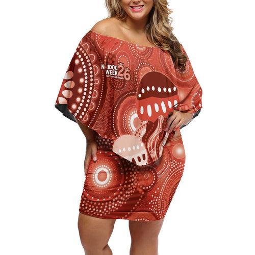 NAIDOC Deadly 50 Years Off Shoulder Short Dress Jellyfish Aboriginal Culture Inspired Red