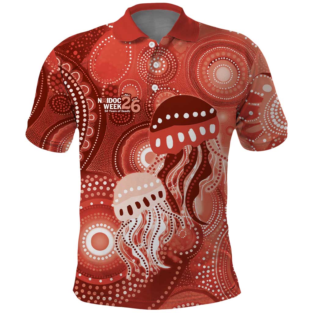 NAIDOC Deadly 50 Years Polo Shirt Jellyfish Aboriginal Culture Inspired Red