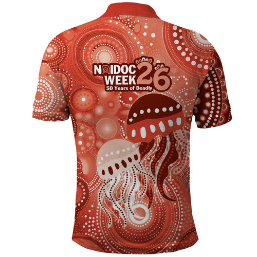 NAIDOC Deadly 50 Years Polo Shirt Jellyfish Aboriginal Culture Inspired Red