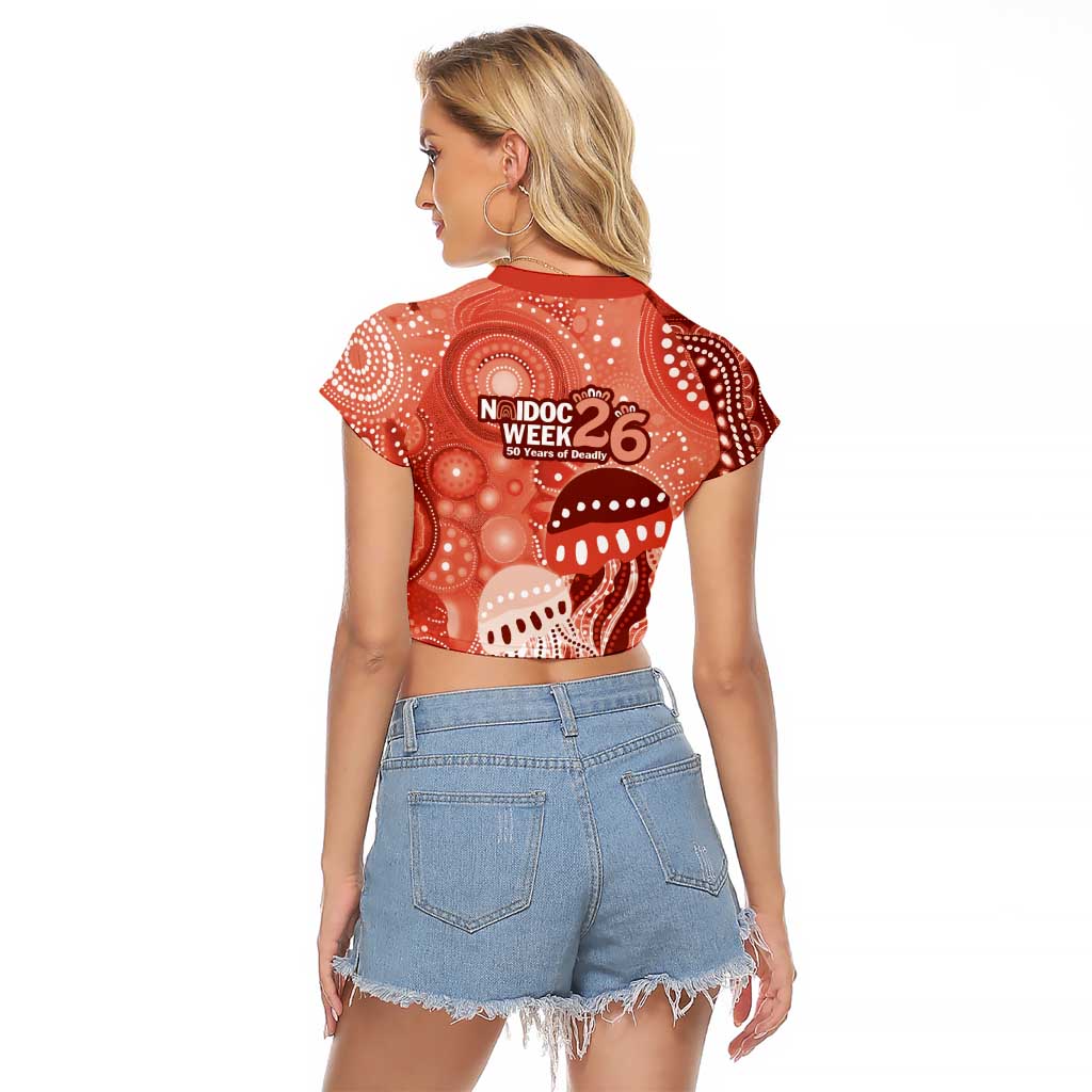 NAIDOC Deadly 50 Years Raglan Cropped T Shirt Jellyfish Aboriginal Culture Inspired Red