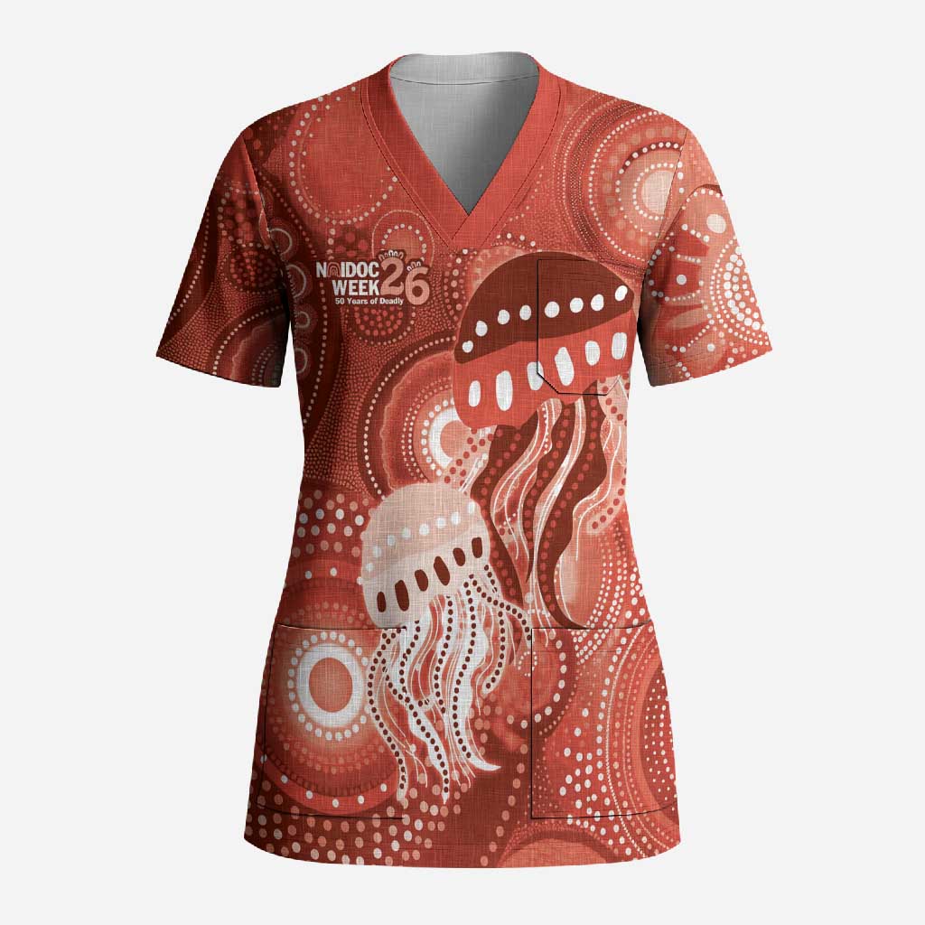 NAIDOC Deadly 50 Years Scrub Top Jellyfish Aboriginal Culture Inspired Red