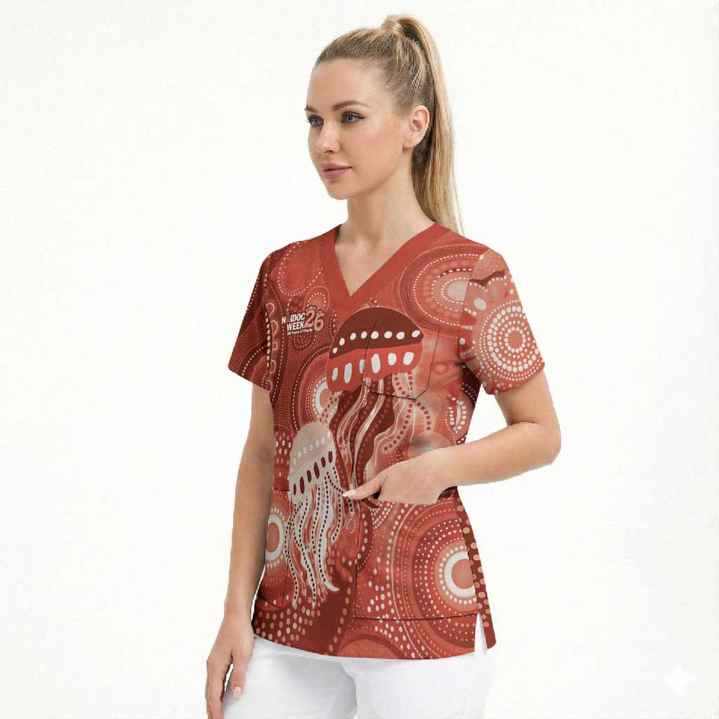 NAIDOC Deadly 50 Years Scrub Top Jellyfish Aboriginal Culture Inspired Red