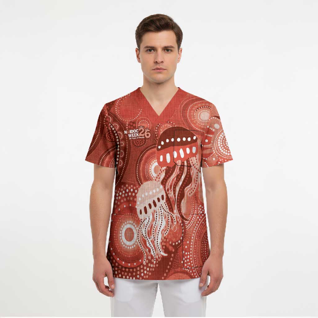 NAIDOC Deadly 50 Years Scrub Top Jellyfish Aboriginal Culture Inspired Red