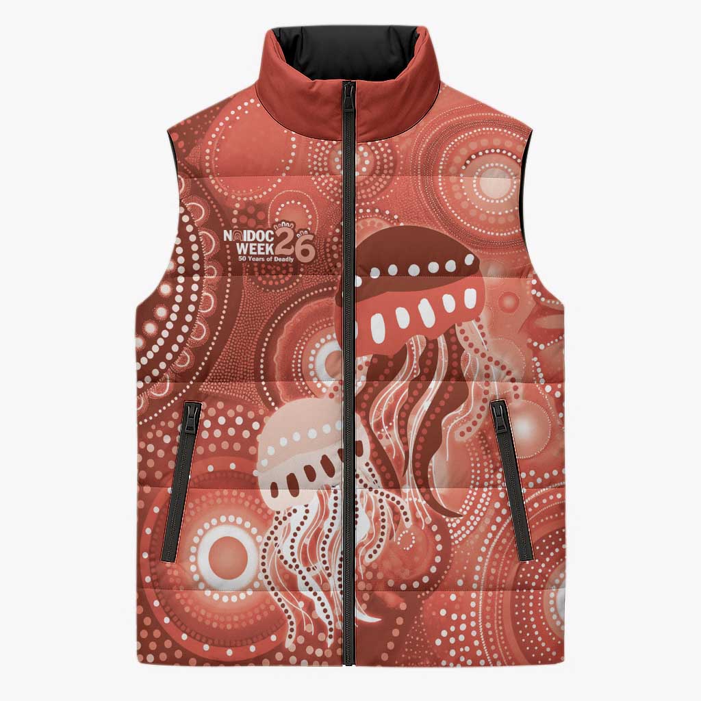 NAIDOC Deadly 50 Years Sleeveless Puffer Jacket Jellyfish Aboriginal Culture Inspired Red