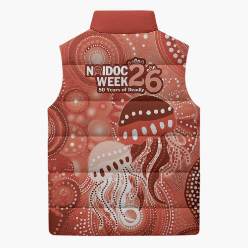 NAIDOC Deadly 50 Years Sleeveless Puffer Jacket Jellyfish Aboriginal Culture Inspired Red