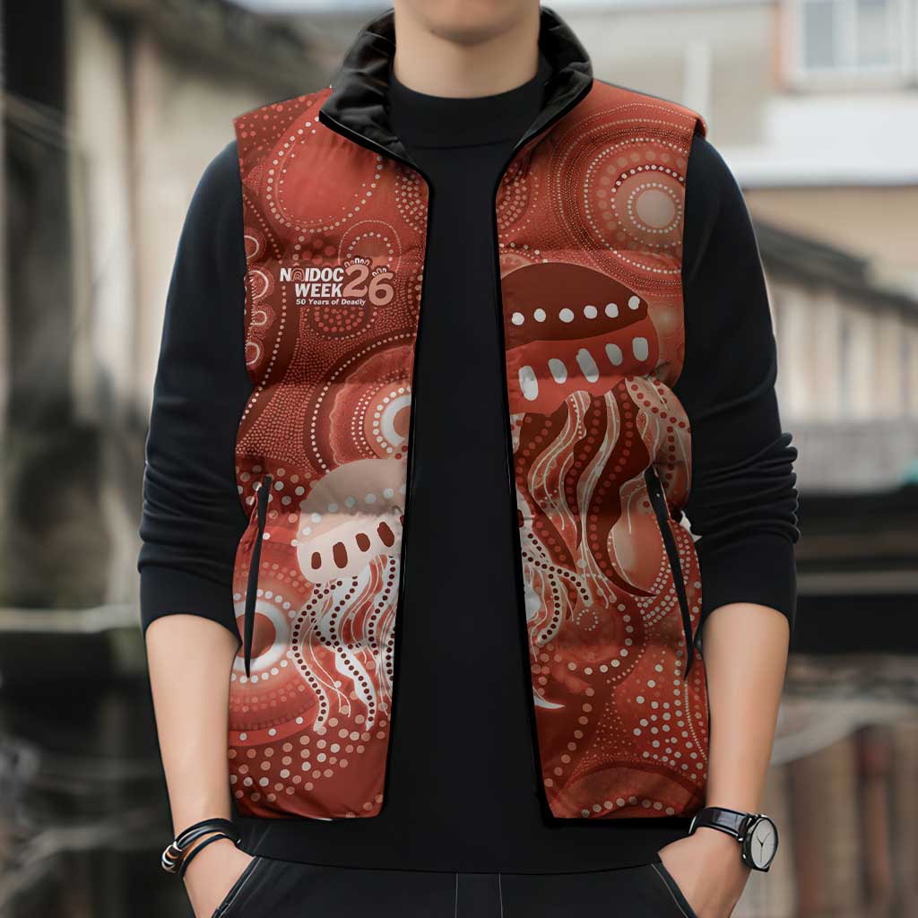 NAIDOC Deadly 50 Years Sleeveless Puffer Jacket Jellyfish Aboriginal Culture Inspired Red