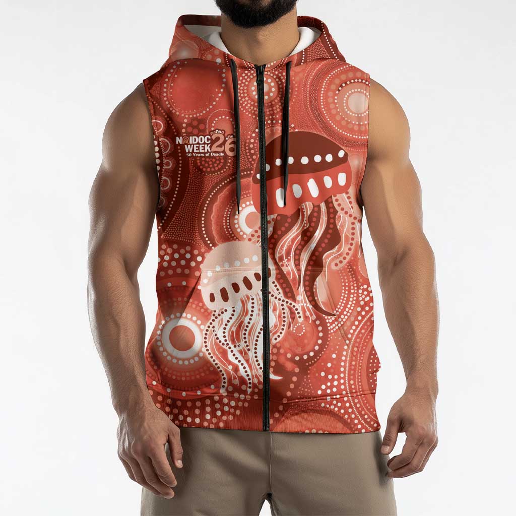 NAIDOC Deadly 50 Years Sleeveless Zip Hoodie Jellyfish Aboriginal Culture Inspired Red