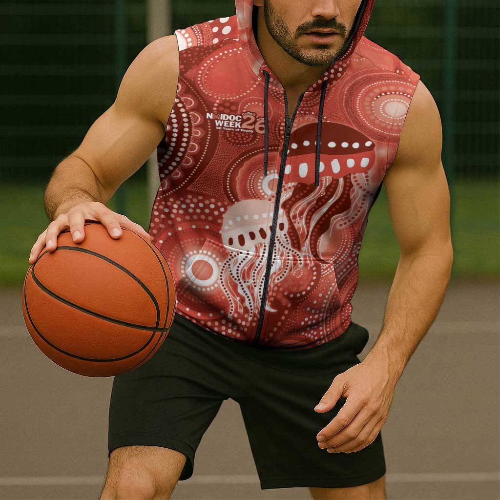 NAIDOC Deadly 50 Years Sleeveless Zip Hoodie Jellyfish Aboriginal Culture Inspired Red