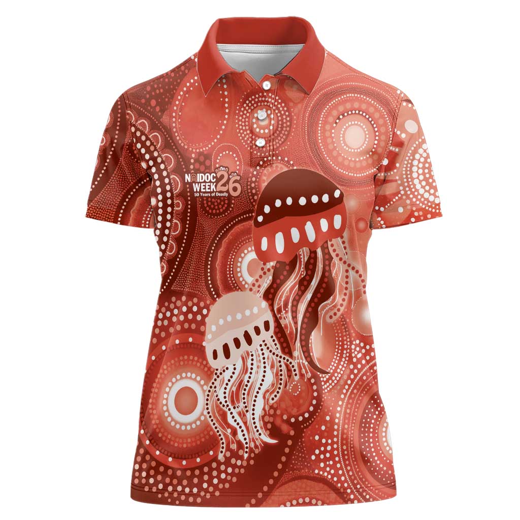 NAIDOC Deadly 50 Years Women Polo Shirt Jellyfish Aboriginal Culture Inspired Red