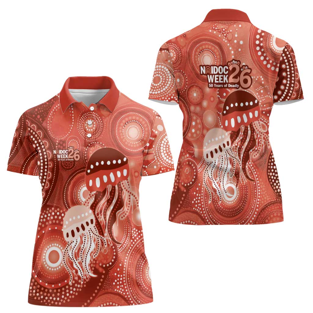 NAIDOC Deadly 50 Years Women Polo Shirt Jellyfish Aboriginal Culture Inspired Red