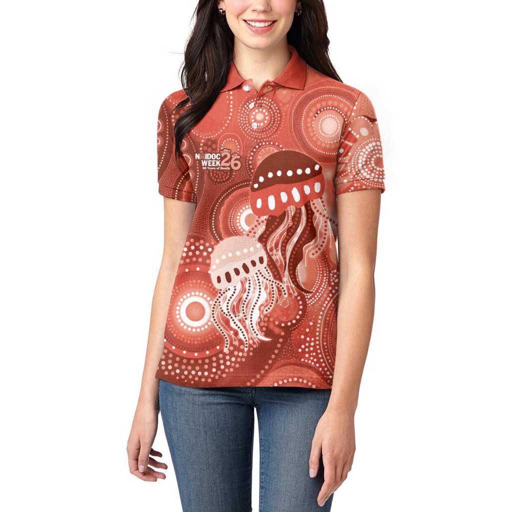 NAIDOC Deadly 50 Years Women Polo Shirt Jellyfish Aboriginal Culture Inspired Red