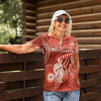 NAIDOC Deadly 50 Years Women Polo Shirt Jellyfish Aboriginal Culture Inspired Red