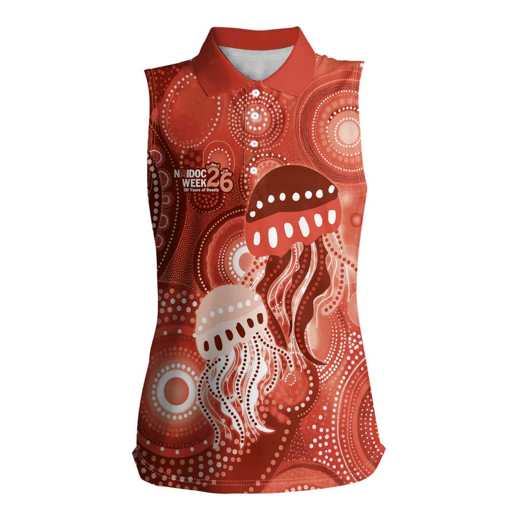NAIDOC Deadly 50 Years Women Sleeveless Polo Shirt Jellyfish Aboriginal Culture Inspired Red