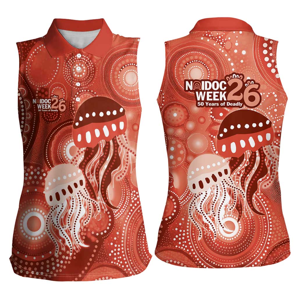 NAIDOC Deadly 50 Years Women Sleeveless Polo Shirt Jellyfish Aboriginal Culture Inspired Red