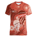 NAIDOC Deadly 50 Years Women V-Neck T-Shirt Jellyfish Aboriginal Culture Inspired Red