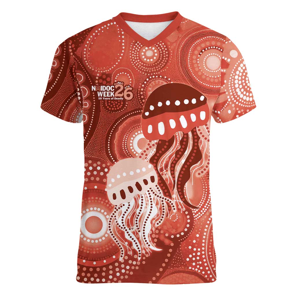 NAIDOC Deadly 50 Years Women V-Neck T-Shirt Jellyfish Aboriginal Culture Inspired Red