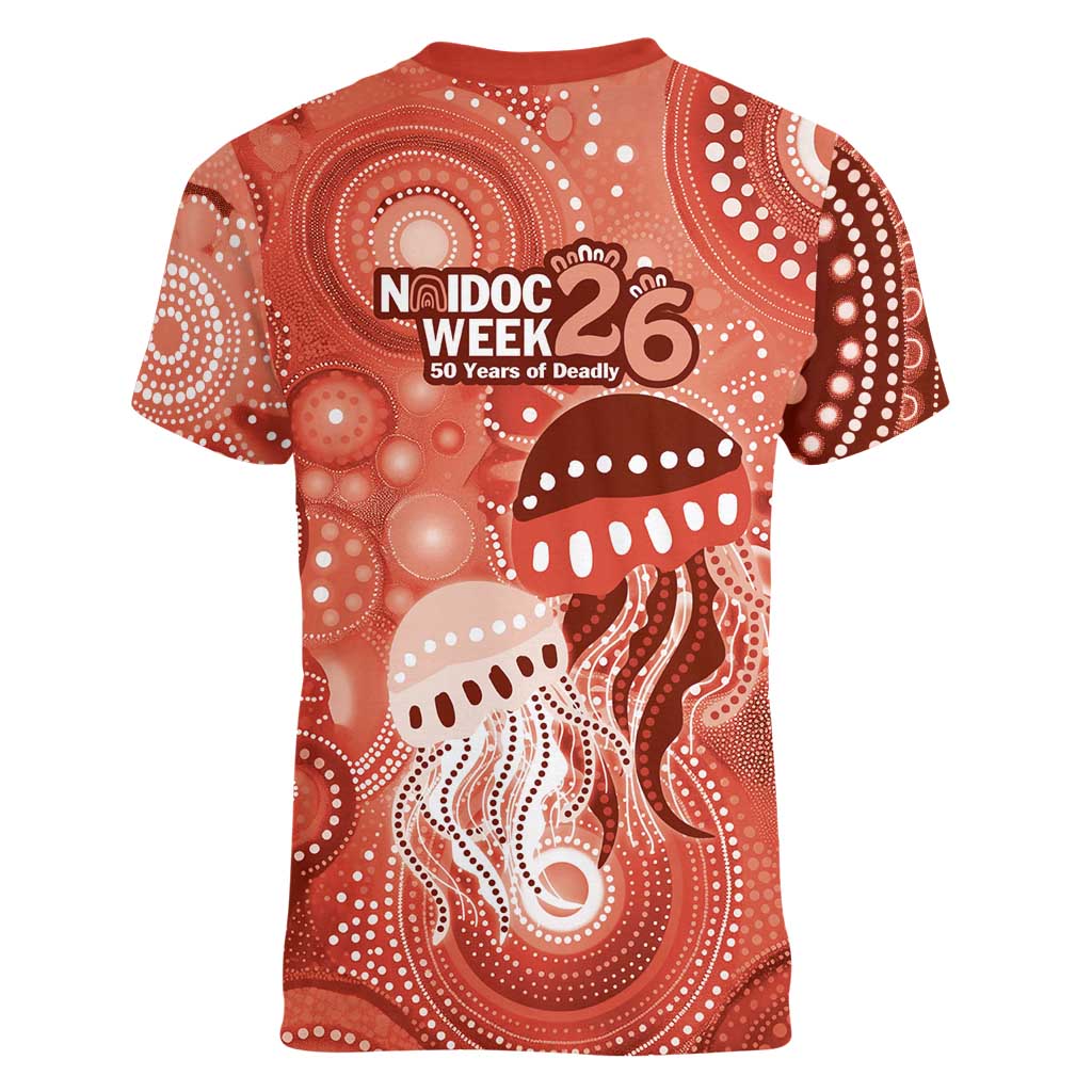 NAIDOC Deadly 50 Years Women V-Neck T-Shirt Jellyfish Aboriginal Culture Inspired Red