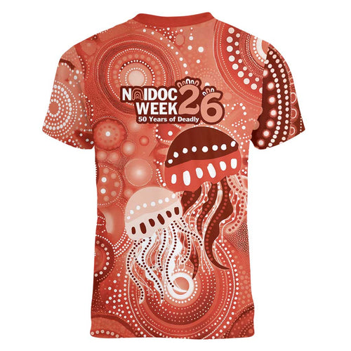NAIDOC Deadly 50 Years Women V-Neck T-Shirt Jellyfish Aboriginal Culture Inspired Red