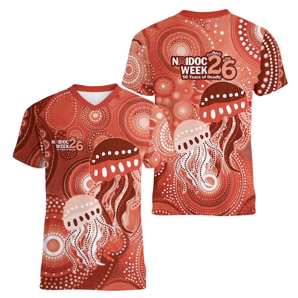NAIDOC Deadly 50 Years Women V-Neck T-Shirt Jellyfish Aboriginal Culture Inspired Red