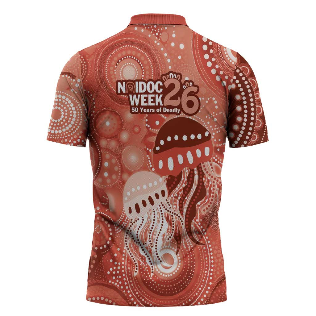 NAIDOC Deadly 50 Years Zipper Polo Shirt Jellyfish Aboriginal Culture Inspired Red