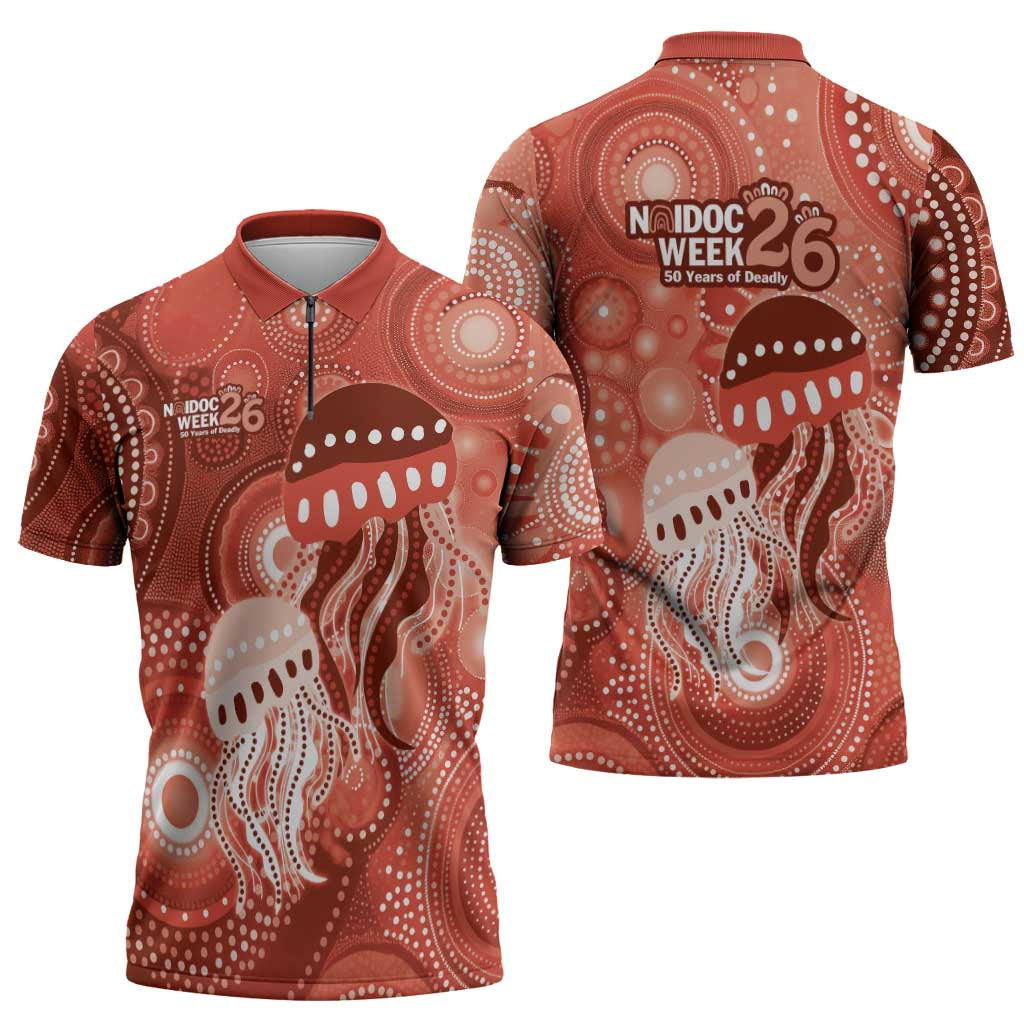 NAIDOC Deadly 50 Years Zipper Polo Shirt Jellyfish Aboriginal Culture Inspired Red