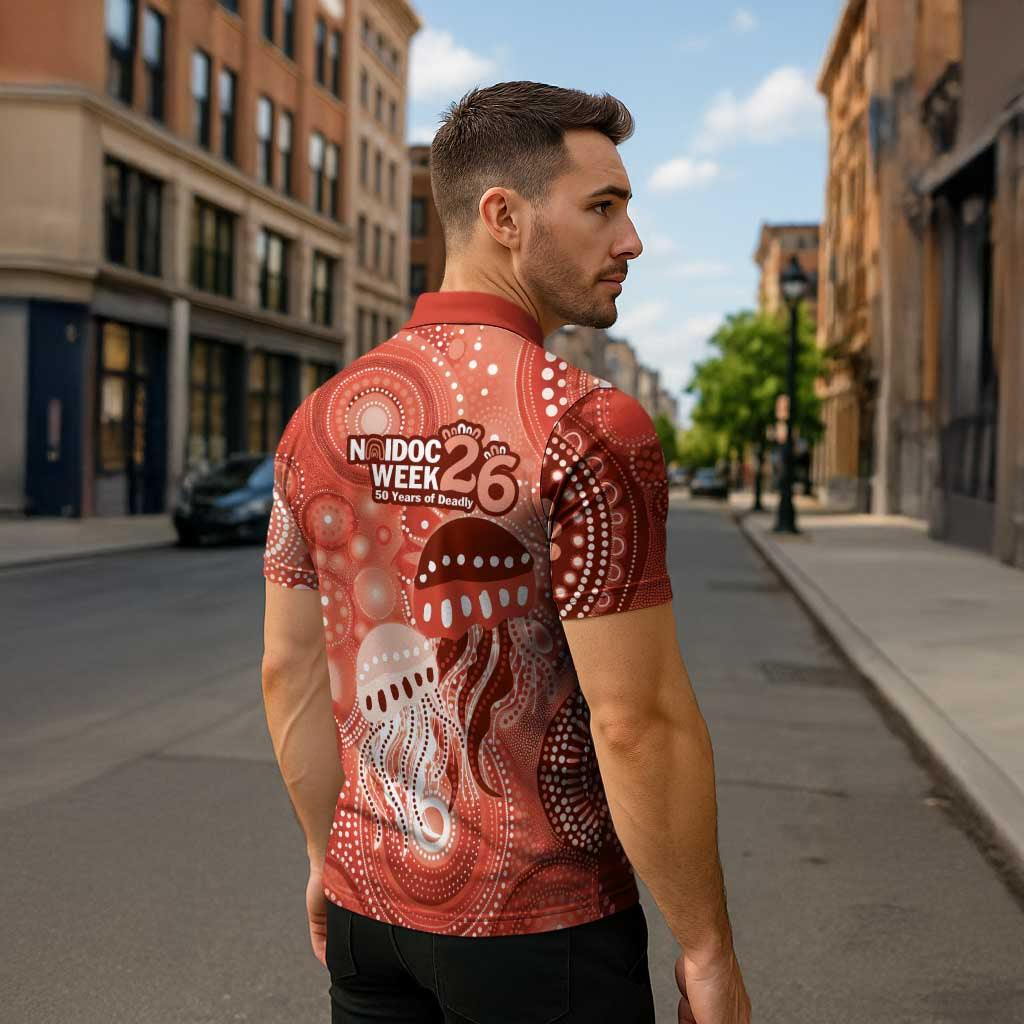 NAIDOC Deadly 50 Years Zipper Polo Shirt Jellyfish Aboriginal Culture Inspired Red