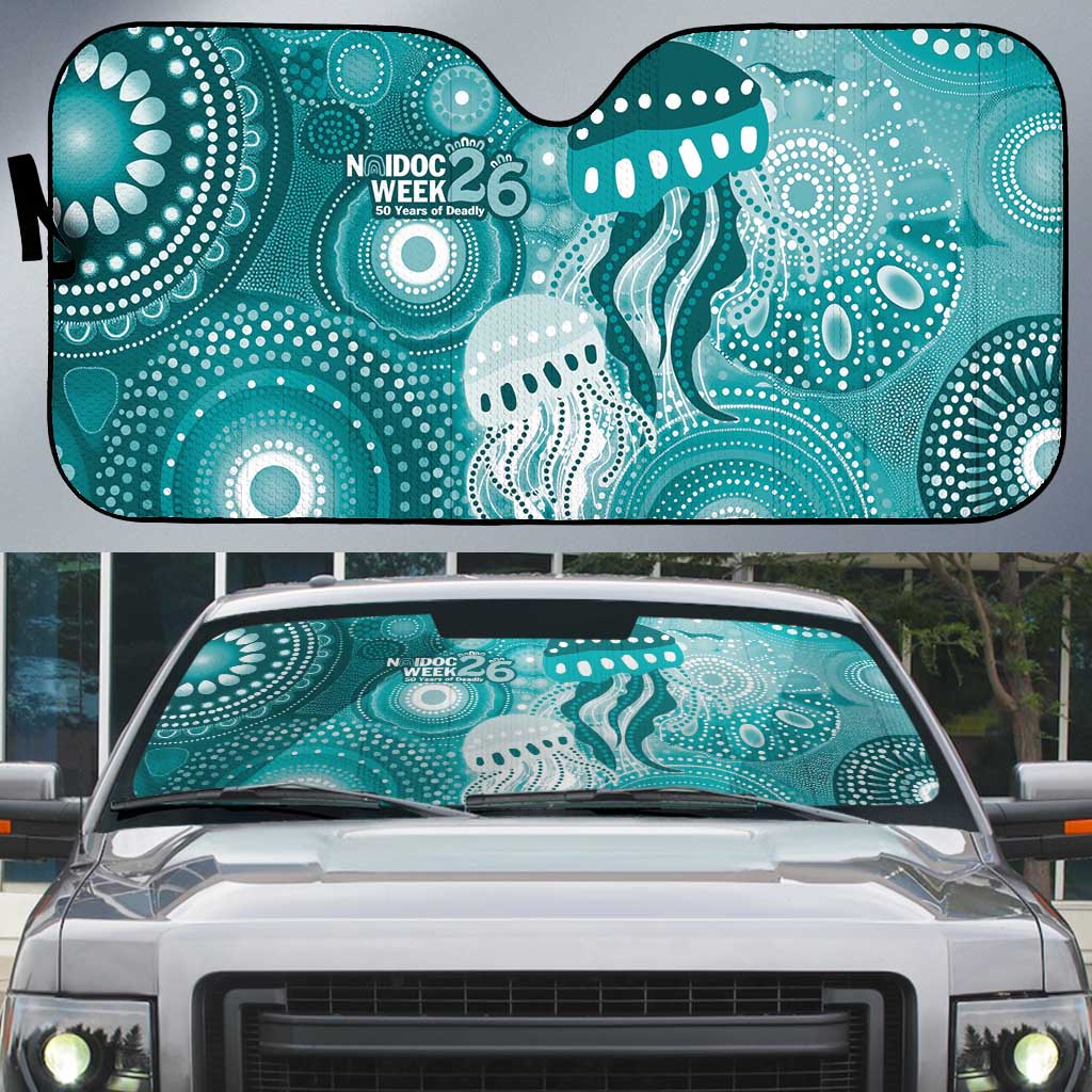 NAIDOC Deadly 50 Years Auto Sun Shade Jellyfish Aboriginal Culture Inspired Turquoise