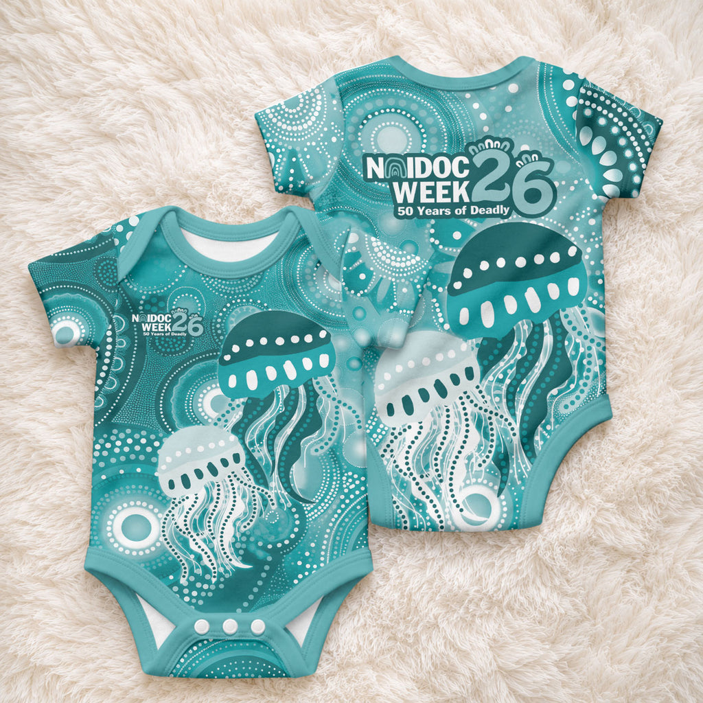 NAIDOC Deadly 50 Years Baby Onesie Jellyfish Aboriginal Culture Inspired Turquoise