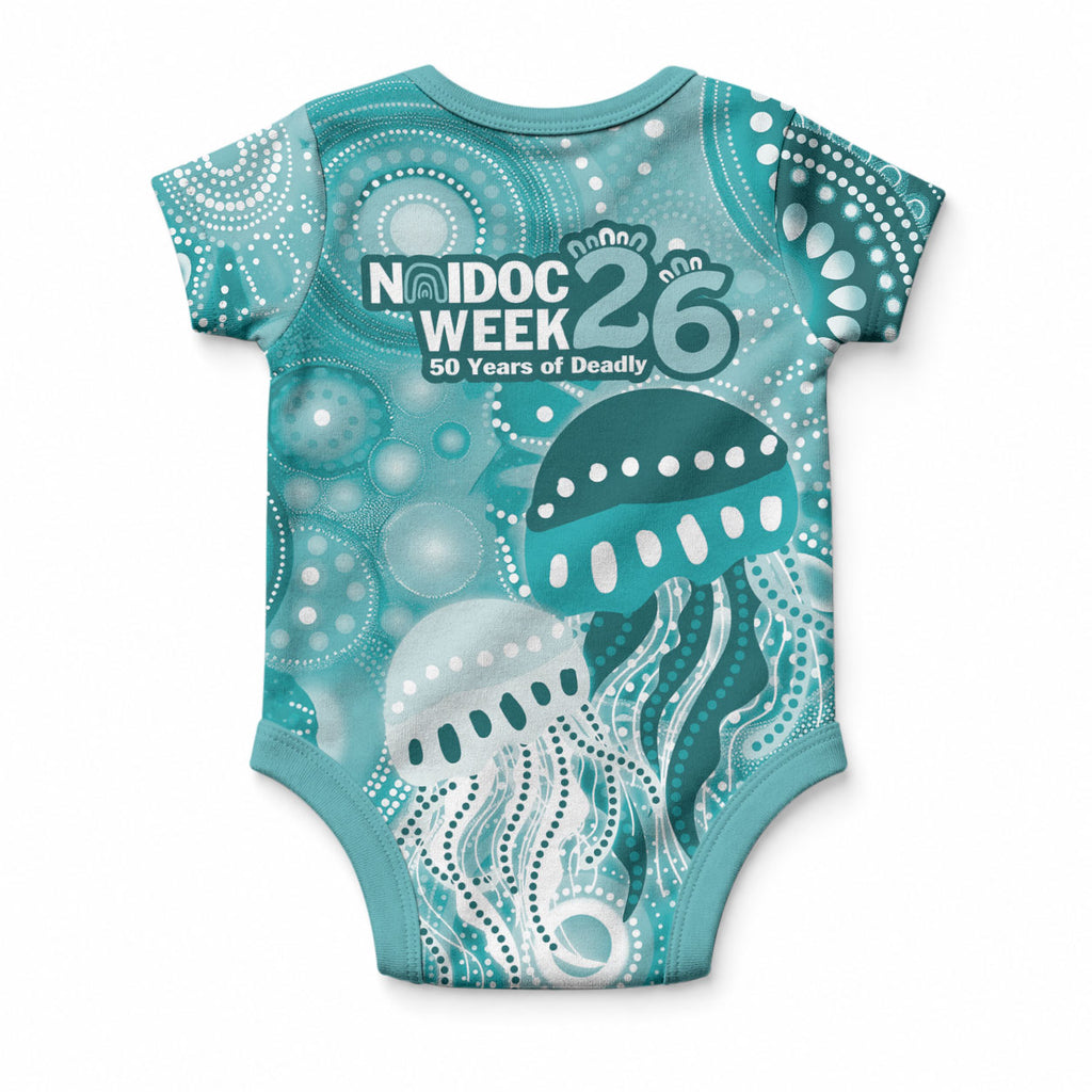 NAIDOC Deadly 50 Years Baby Onesie Jellyfish Aboriginal Culture Inspired Turquoise